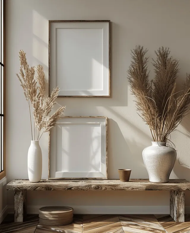 Vertical blank picture frame on a rustic shelf with pampas grass vases in a boho interior.
