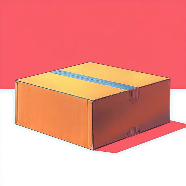 Sealed cardboard shipping box with packing tape on white surface against red background shadow