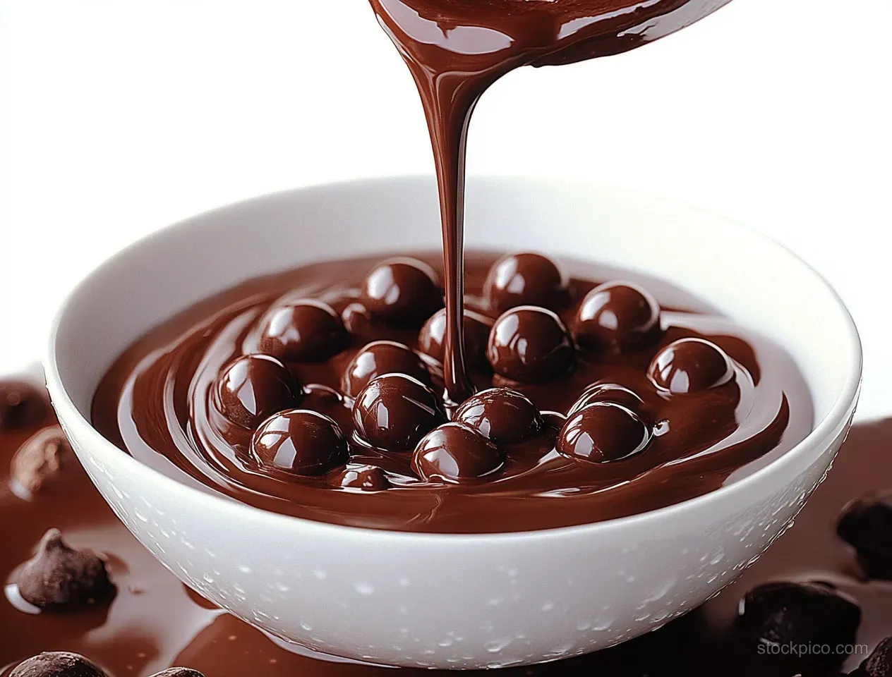 Thick dark chocolate syrup pours into a white bowl filled with glossy round chocolate truffles.