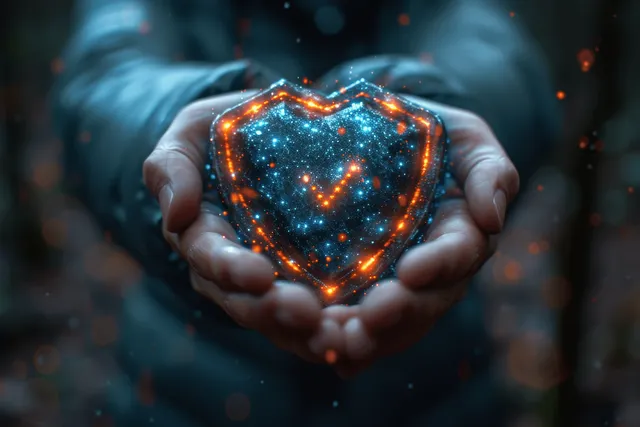 A businessman holds a glowing heart-shaped cybersecurity shield with encrypted data effects around his hands.