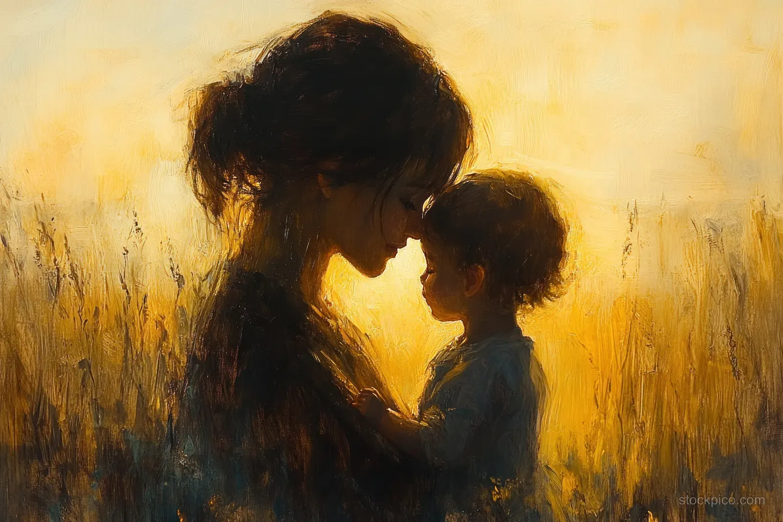 An impressionistic mother embraces her child in golden hour light, silhouetted against glowing tall grass.