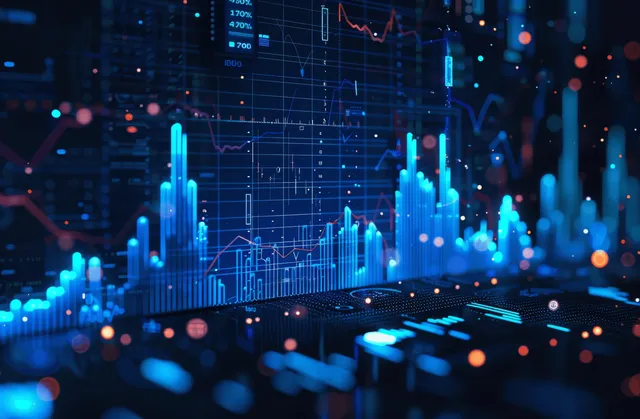 Glowing candlestick and line trading chart overlays a night city skyline with data grid lines and bokeh lights.