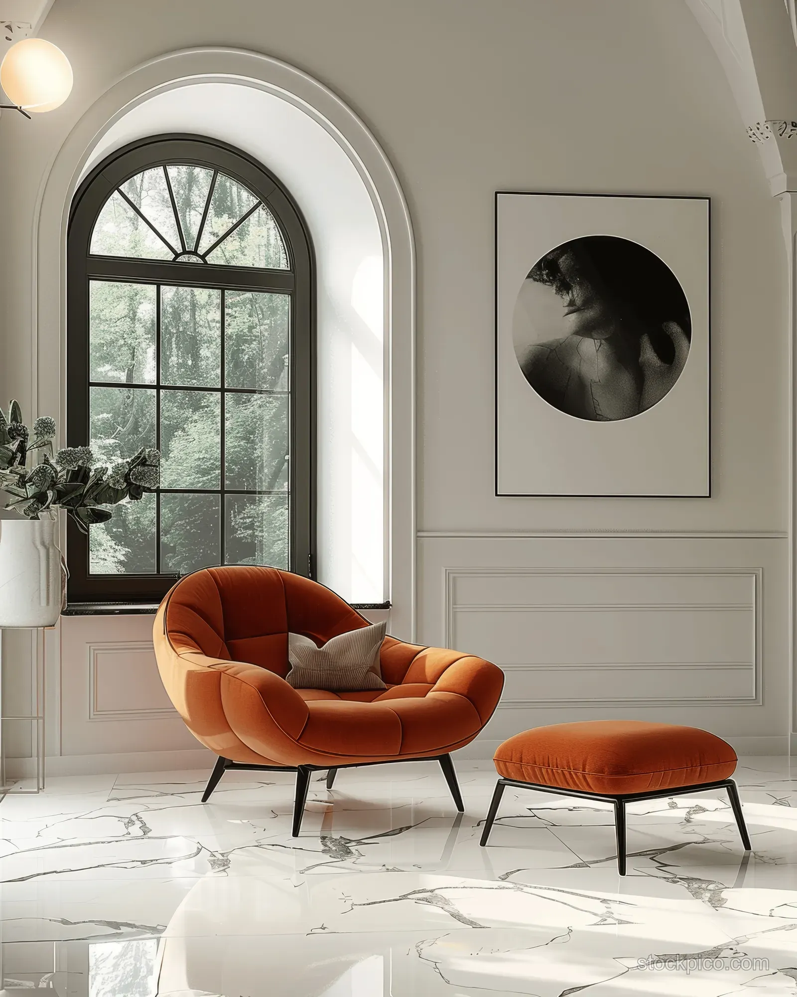Orange armchair in front of a white arched window, with a black circle poster on the wall over a white marble floor.