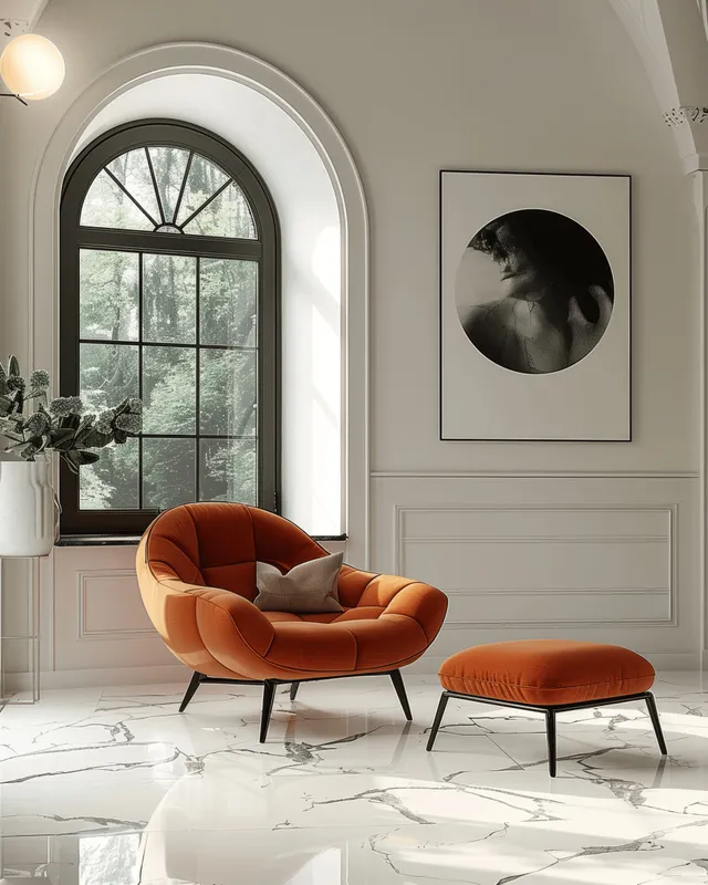 Orange armchair beside arched window with marble floor and black circle wall poster
