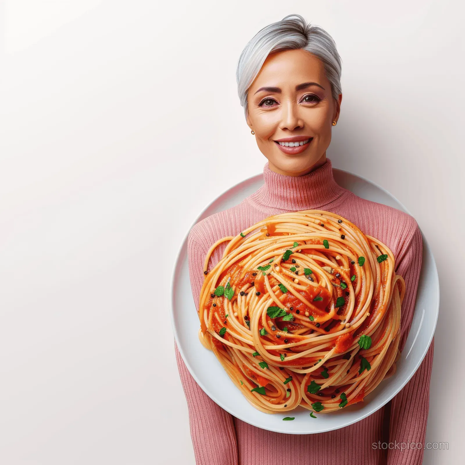 Woman holding a white plate of spaghetti with tomato sauce and basil against a plain light background.