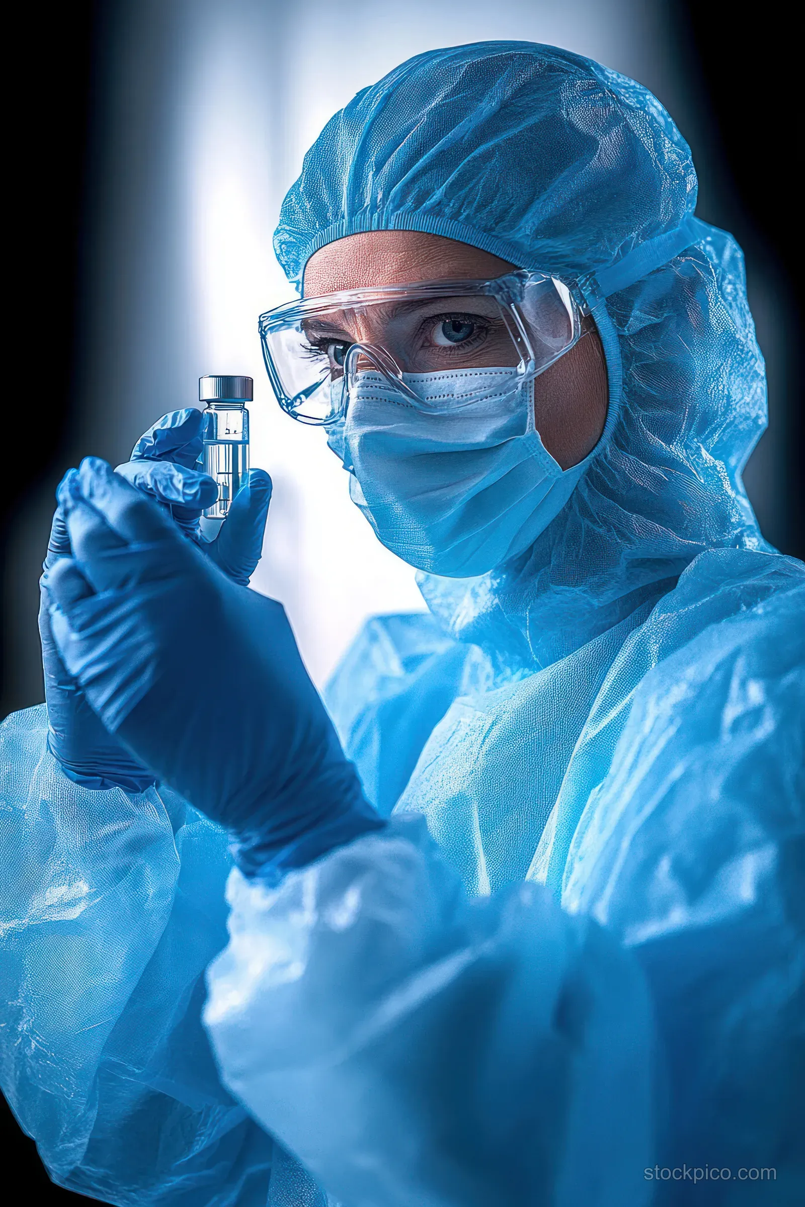 Protective-suited scientist holding a vial and syringe in a blue-lit laboratory with lab equipment nearby.