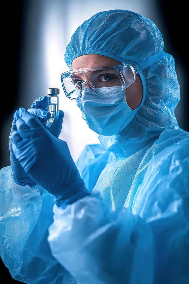 Protective-suited scientist holding a vial and syringe in a blue-lit laboratory with lab equipment nearby.
