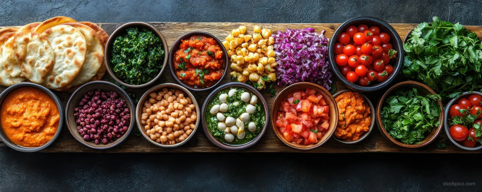 A top view lunch spread of assorted vegetable bowls, hummus, beans, cherry tomatoes, and lettuce wraps on wood.