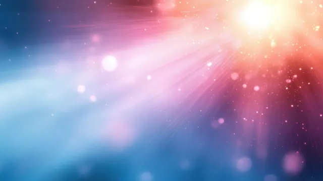 Ethereal light beams burst through pastel mist with motion blur and glowing bokeh particles