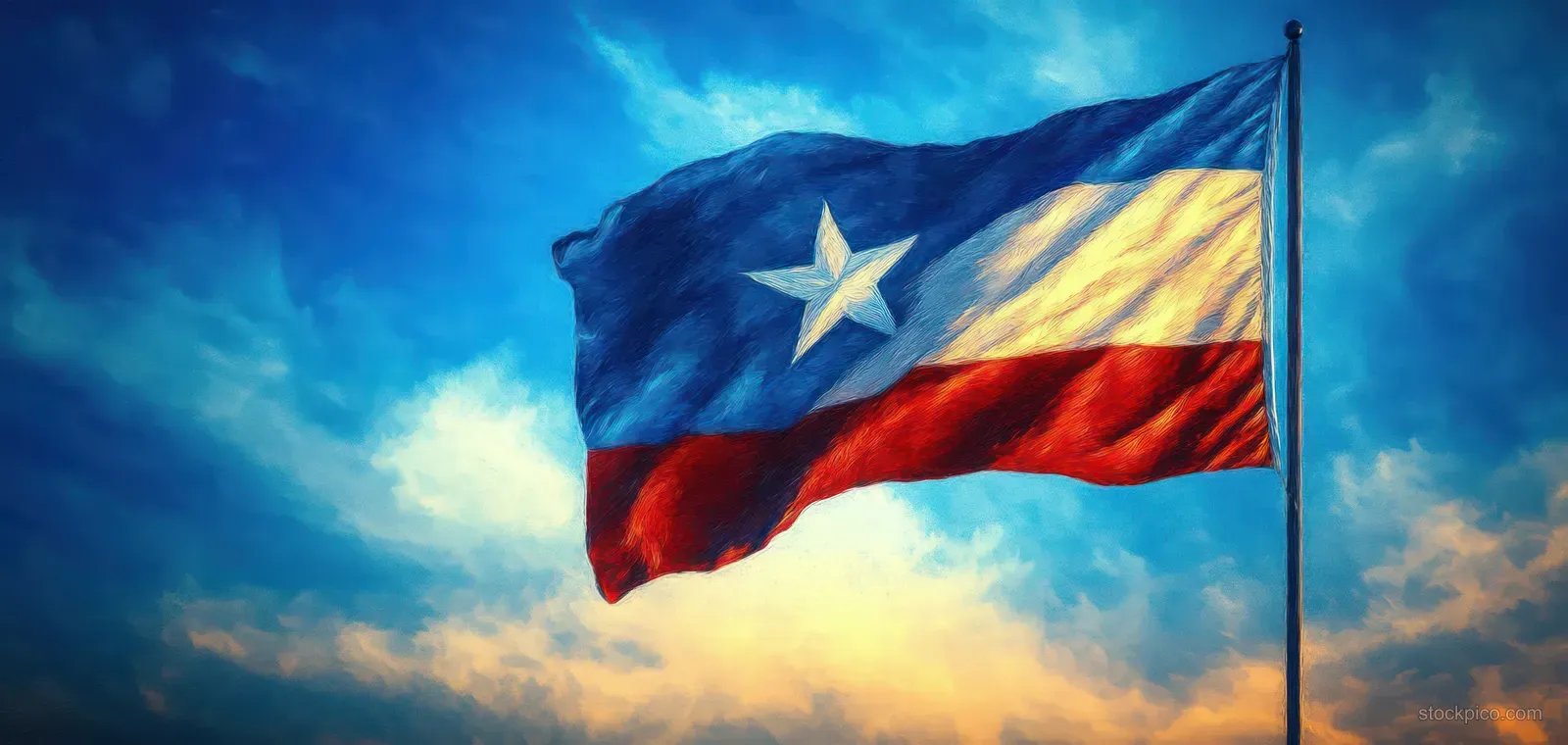 A vibrant Texas flag waves in the wind under a clear blue sky, showcasing the state's colors and patriotic spirit.