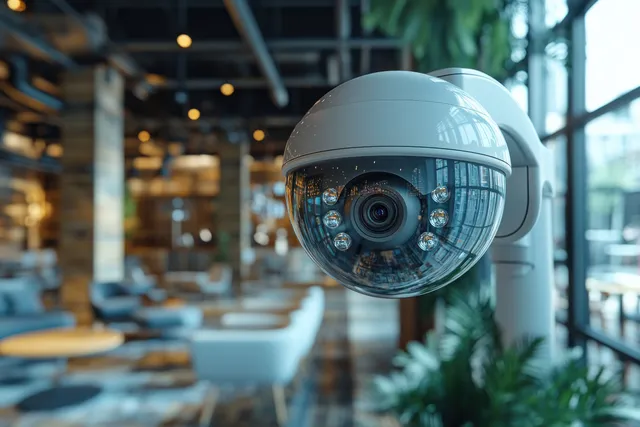 Dome CCTV surveillance camera monitoring a modern office corridor with soft daylight glare