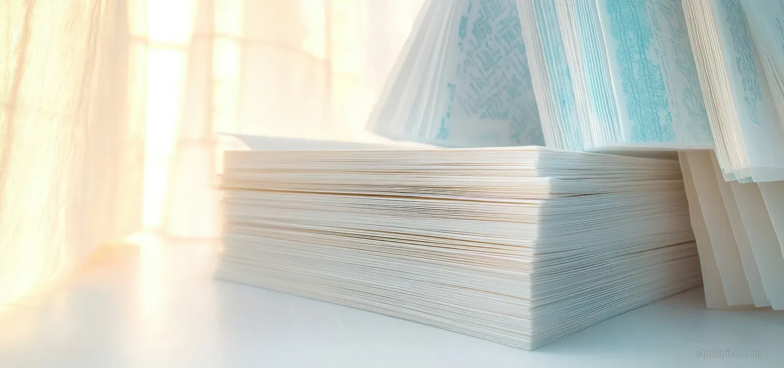 A neat stack of white papers rests on a smooth desk, illuminated by soft natural light from a nearby window.