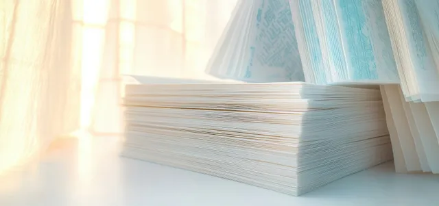 A neat stack of white papers rests on a smooth desk, illuminated by soft natural light from a nearby window.