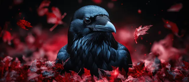Hyper-realistic raven portrait on crimson petals with dramatic rim lighting and glowing eye stare