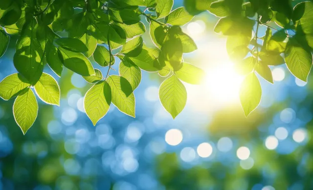 Backlit green leaves with sun rays and soft blue sky bokeh background