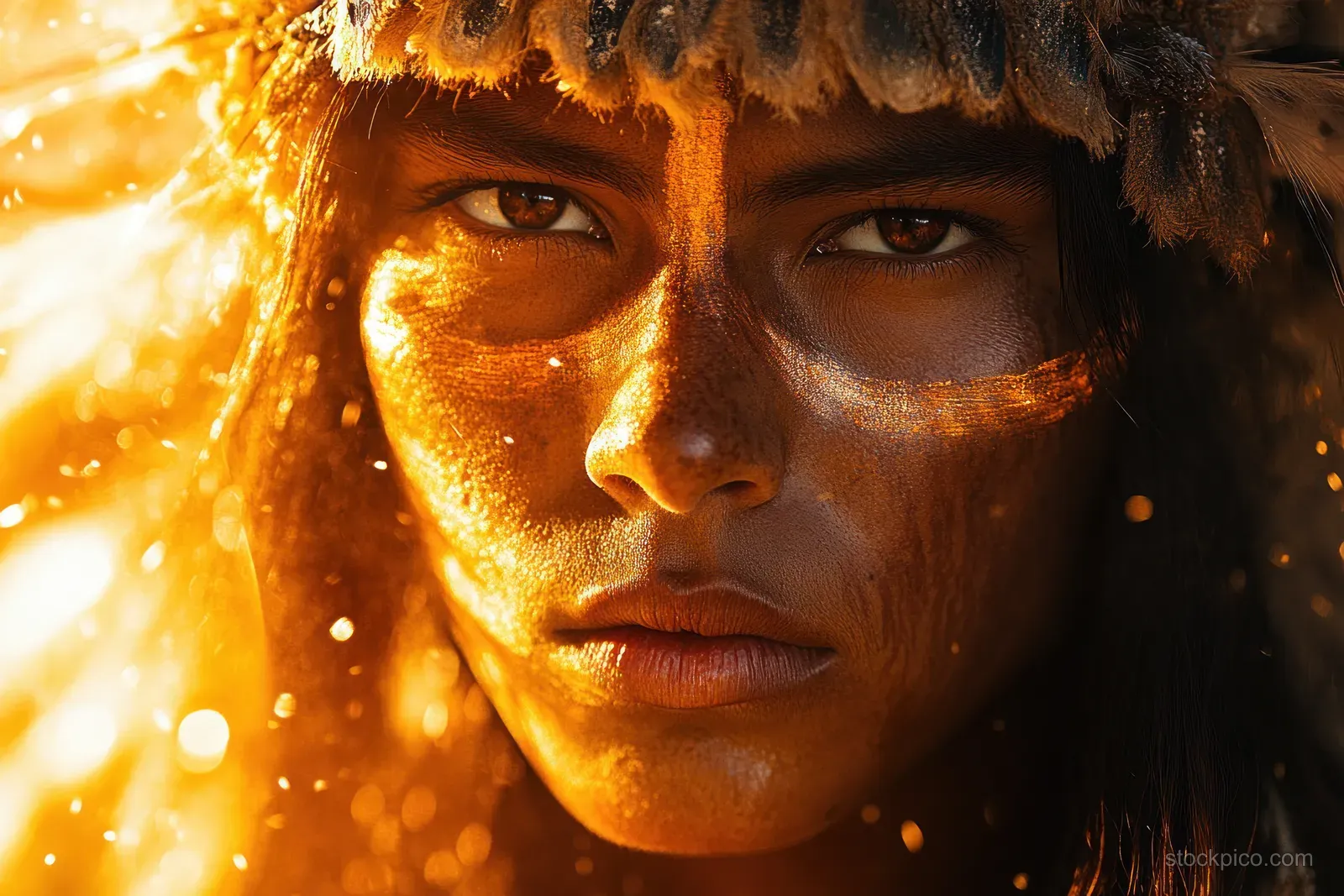 Elder Native American man in a feather headdress with war paint, lit by warm sunset glow in close-up.