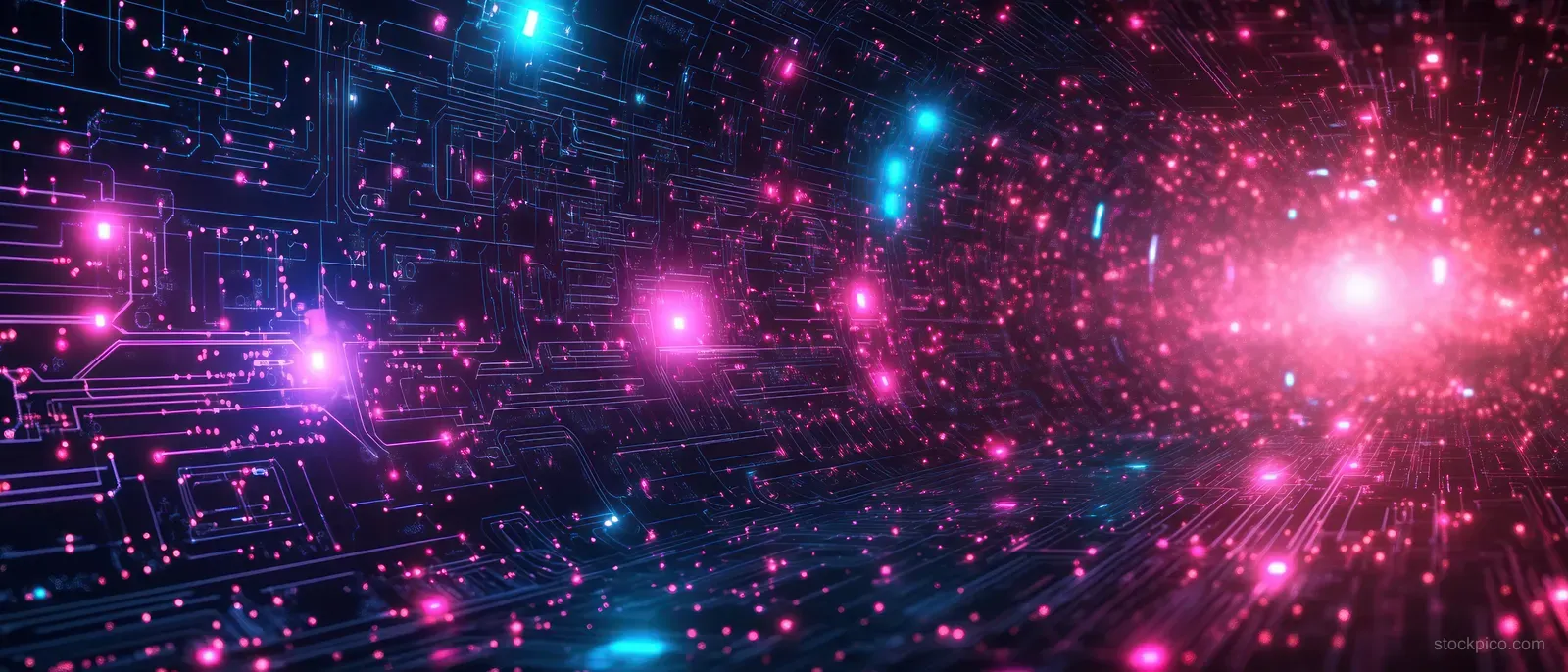 A neon-lit tunnel of glowing circuit lines and bright data points streams into a purple futuristic space.