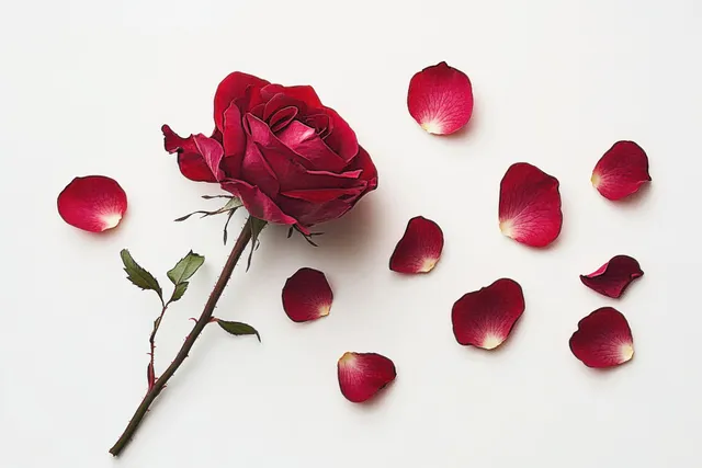 A withered red rose and scattered petals rest on a clean white background.