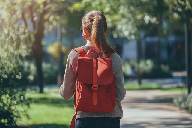 A masked university student walks in a sunlit park path with a red backpack and autumn trees in the background.