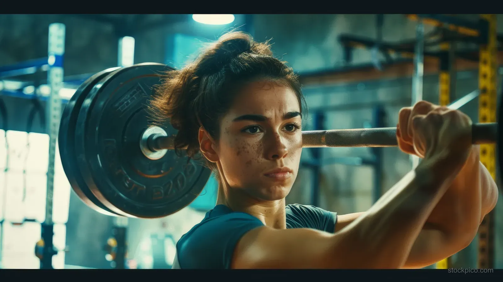 Female weightlifter lifts a 76 kg barbell overhead inside a gym with intense focus.