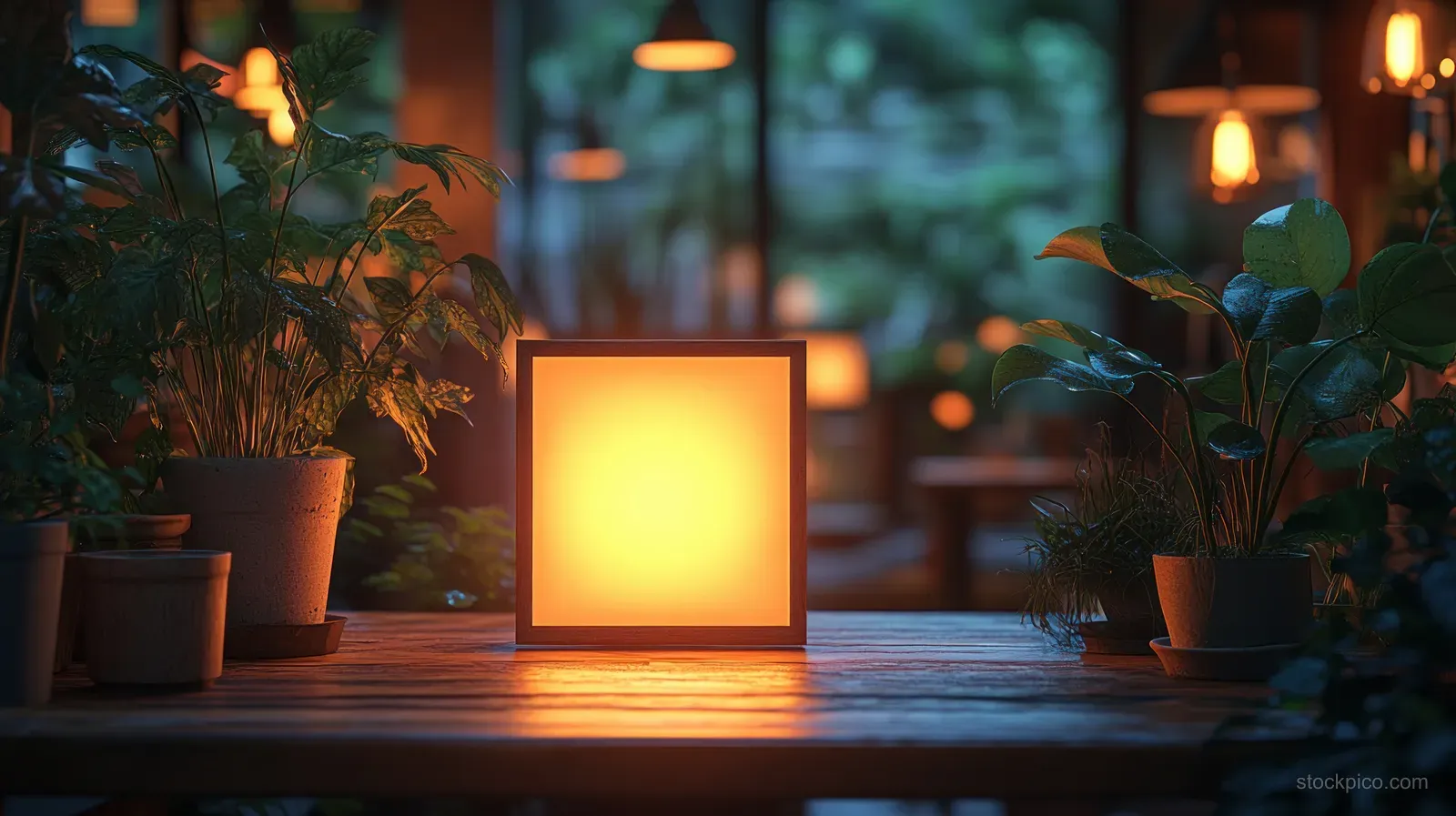 Menu tent card on a wooden café table lit by warm candle glow with potted plants in soft blur.