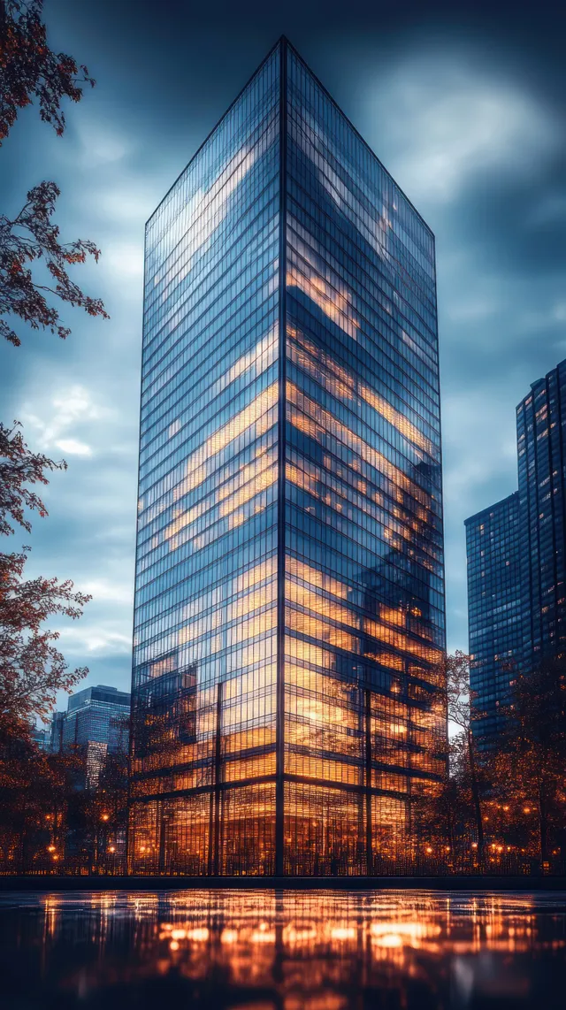 Tall glass skyscraper reflects sunset light over a city skyline with nearby buildings, trees, and cloudy sky.