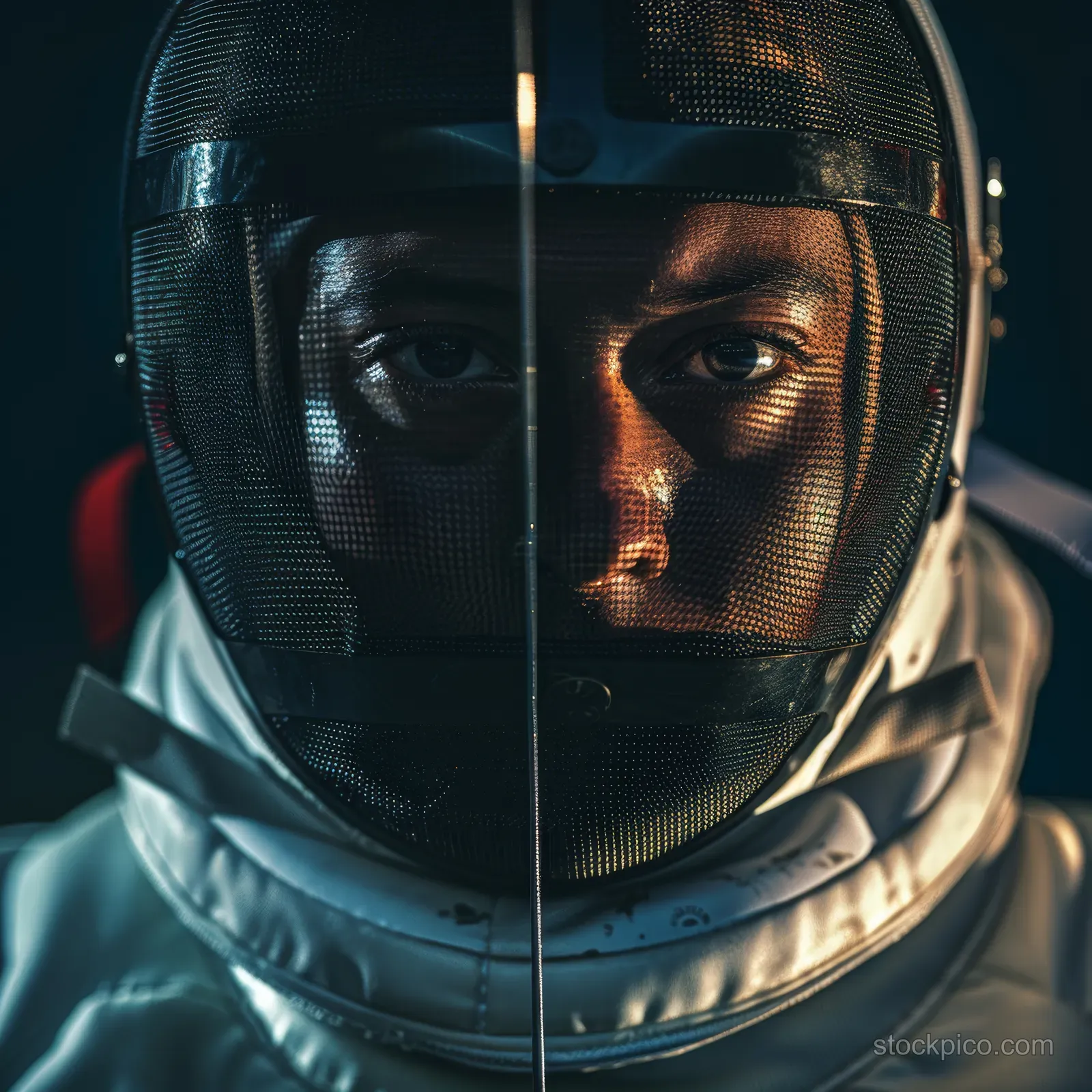 Close-up of a masked male fencer in a foil bout, focusing forward under dramatic lighting.