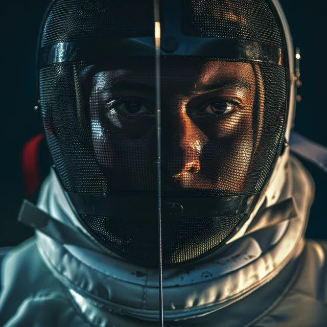 Male fencer in foil bout, masked face close-up with intense forward focus