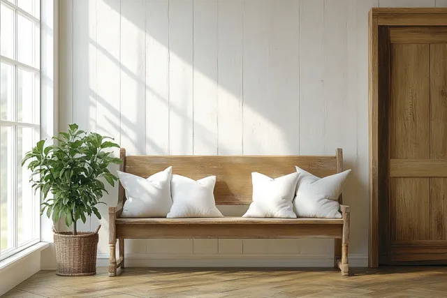 Rustic entryway with a wooden bench, white pillows, potted plant, and sunlight shadows from a window.
