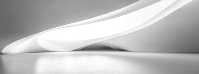 Curved white abstract structures sweep across a minimal gray floor under bright high-key lighting.