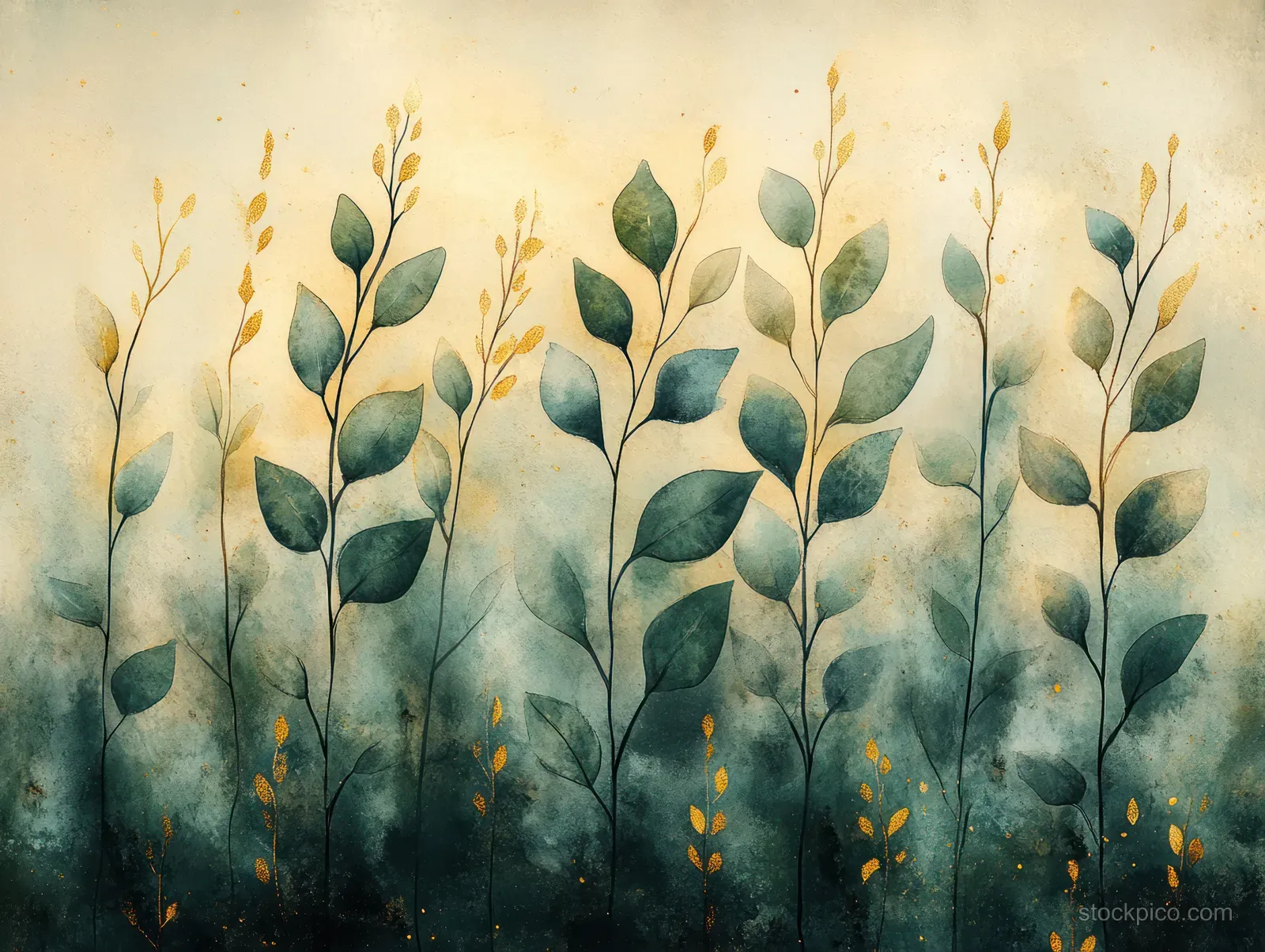 Watercolor eucalyptus leaves with gold speckles arranged in a misty green botanical background.