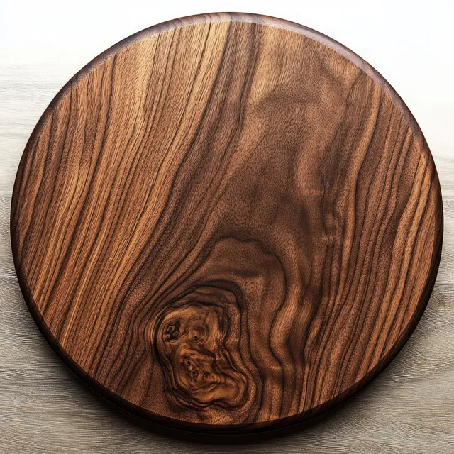 Round black walnut cutting board with dark border and swirling wood grain on a light surface.
