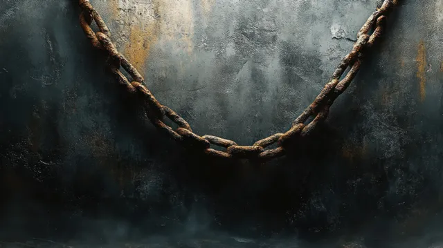 Rusty heavy chain loop hangs against a dark, aged metal wall with rough grunge texture.