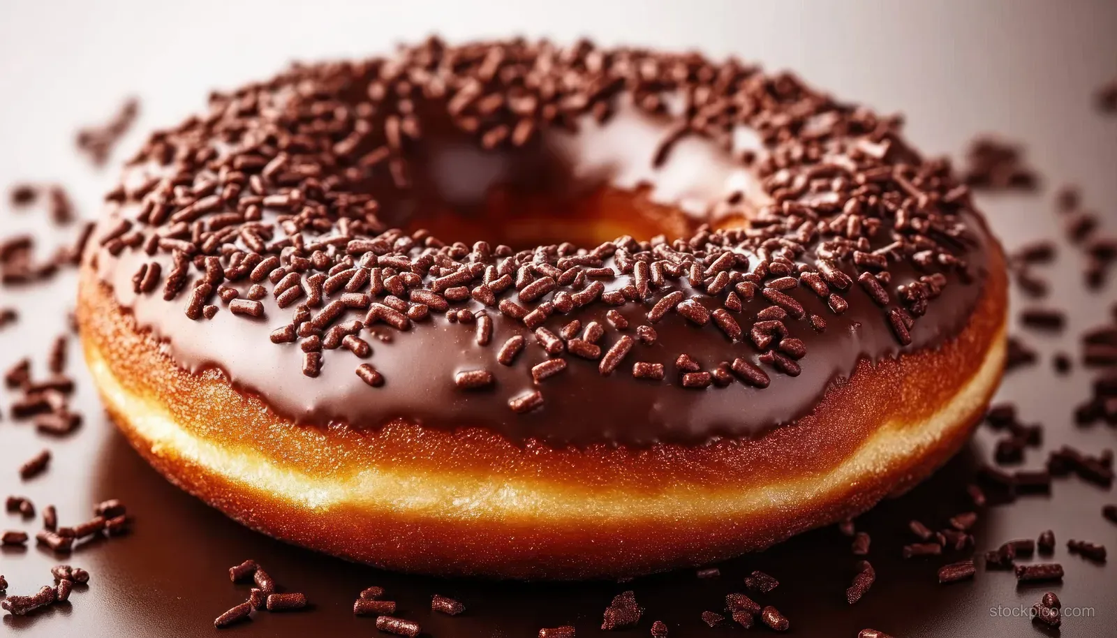 Chocolate-glazed donut with dark sprinkles scattered around on a brown surface.