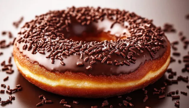 Chocolate-glazed donut with dark sprinkles scattered around on a brown surface.