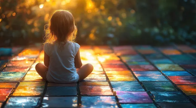 A toddler sits on a sunlit sidewalk drawing with colorful chalk while golden light blurs the background trees.