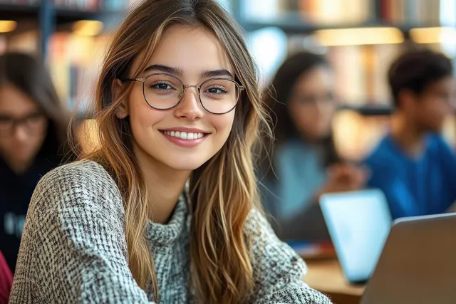 Smiling student with glasses studying at a wooden desk in a busy campus library