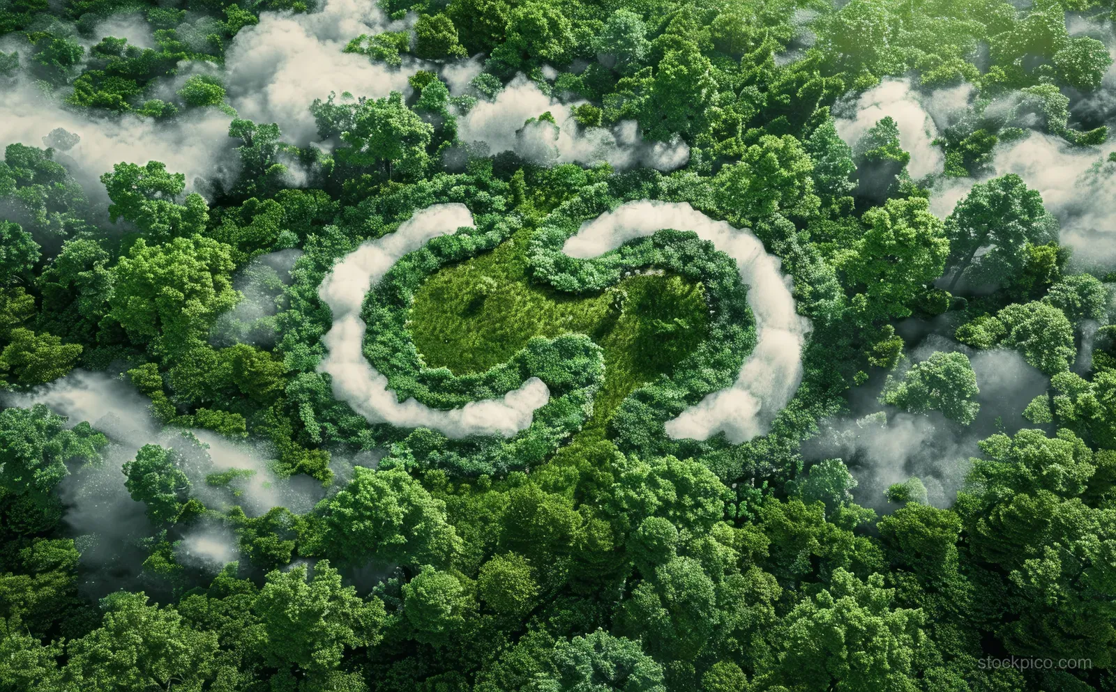 Green forest canopy forms a circular recycling symbol with mist drifting through the trees.