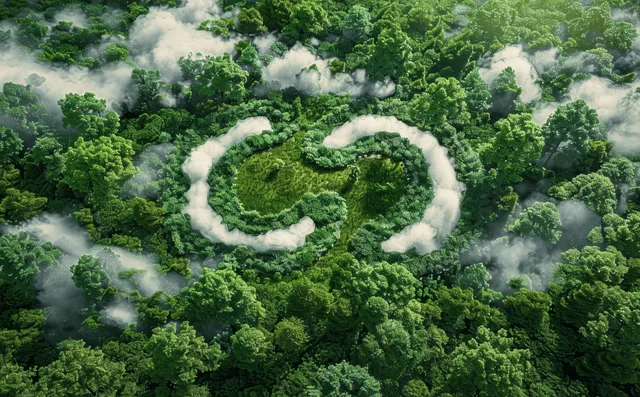 Circular recycling symbol formed by green forest canopy and mist clouds