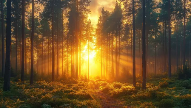Golden sunrise rays spill through an enchanted forest along a winding pathway