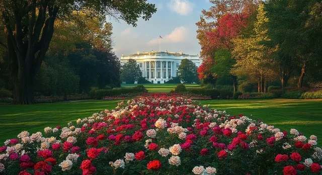 Red and pink rose beds lead toward a large white classical building with trees and blue sky in the background.