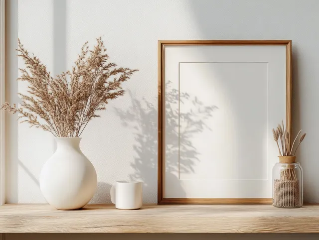 Light wooden shelf with a white vase of dried pampas grass and an empty framed artwork in soft sunlight.