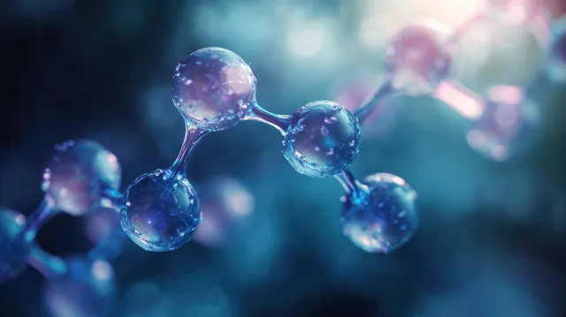 Blue molecular spheres linked by glowing chemical bonds float over a blurred scientific background.