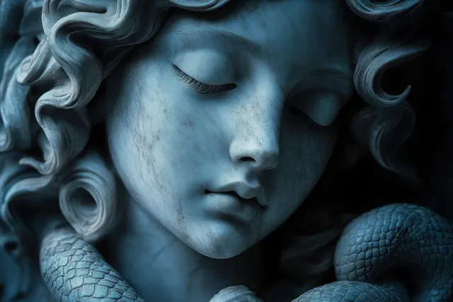 Close-up carved stone serene face with closed eyes, curly hair, and coiled serpent neck ornament