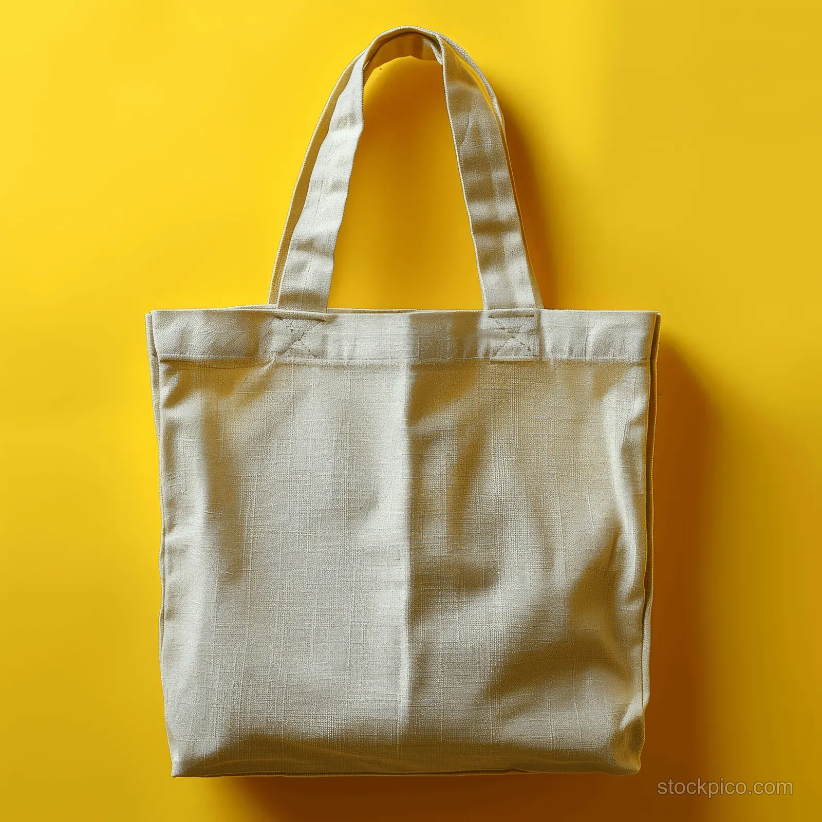 Blank cotton canvas tote bag mockup with visible fabric weave photographed on a light yellow background.