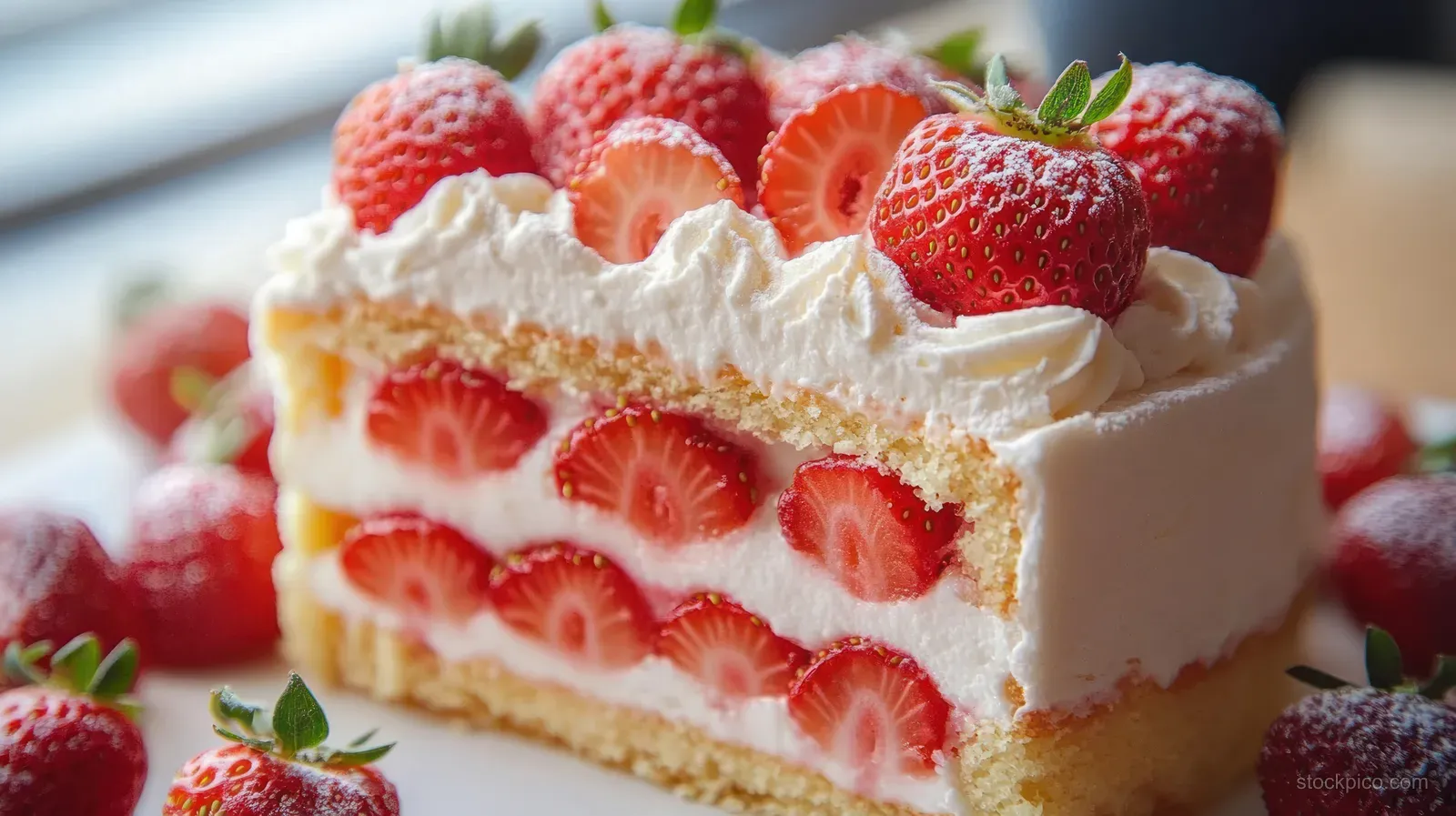 Close-up slice of strawberry cake with whipped cream, fresh strawberry halves, and creamy layers on a plate.
