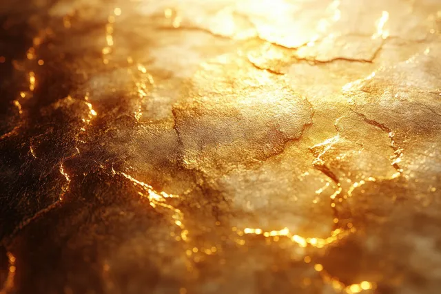A textured gold surface catches soft natural light with warm sparkling reflections across the abstract background.