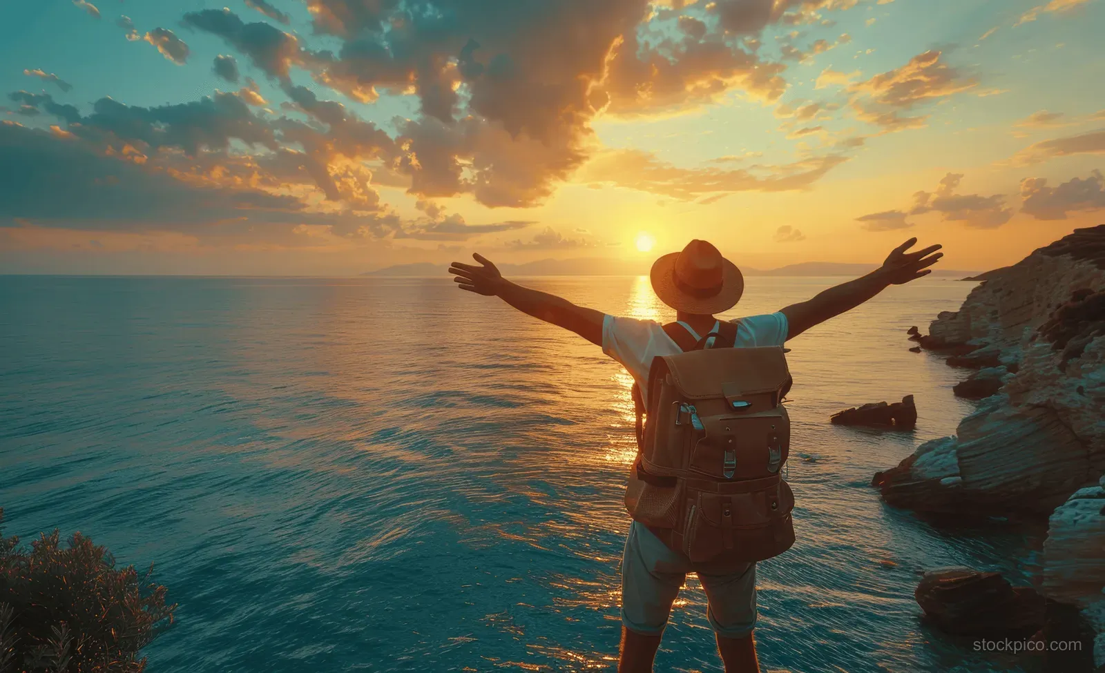 A joyful traveler with a hat and backpack stands on a rocky coast with arms raised at sunset.