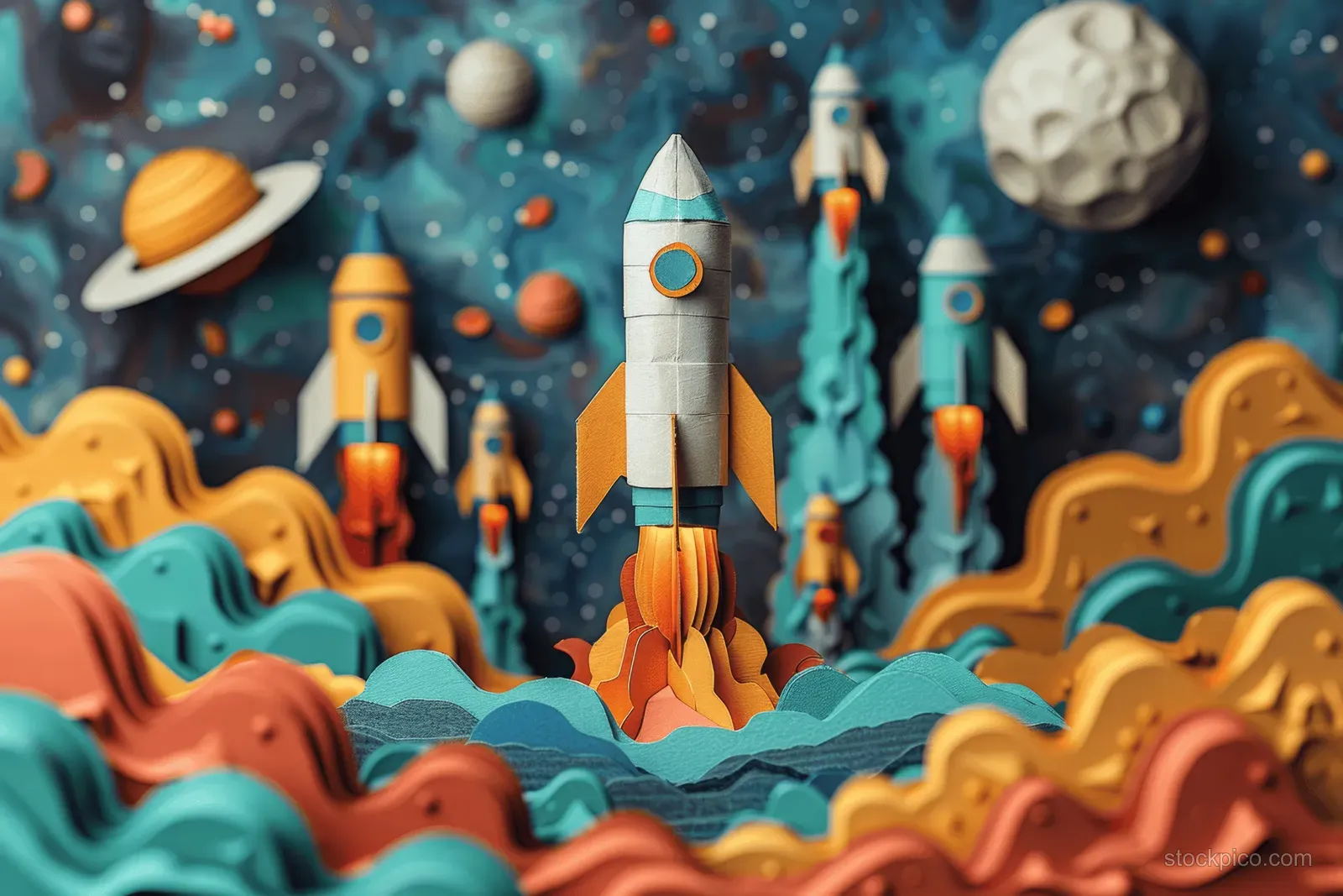 A paper rocket launches over orange space waves as small rockets streak through a teal nebula background.