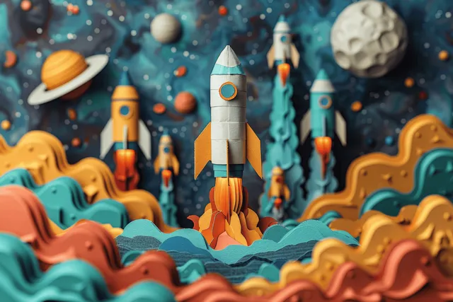 A paper rocket launches over orange space waves as small rockets streak through a teal nebula background.